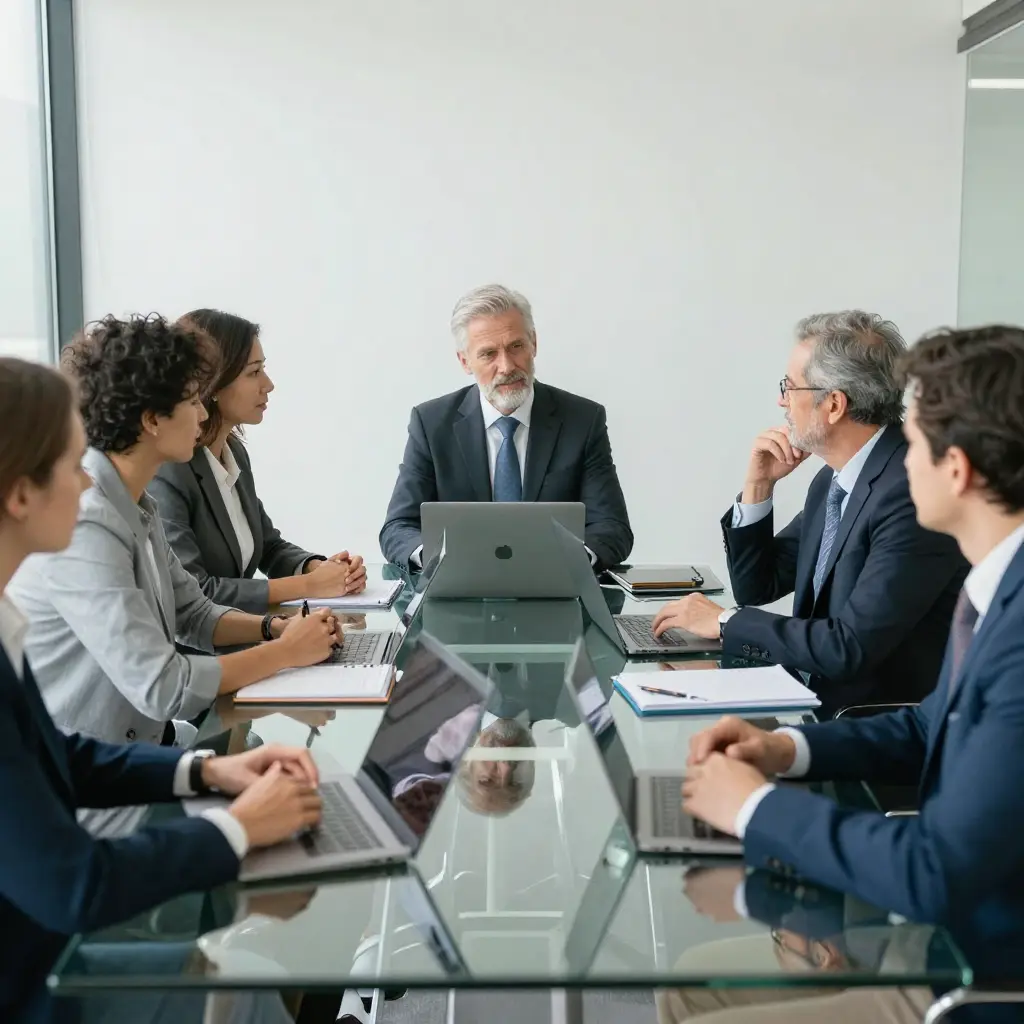 Professional mastermind group meeting in modern office setting
